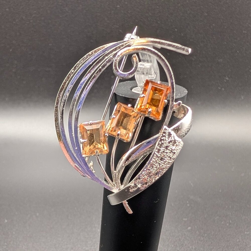 Vintage Floral Bouquet Brooch - Mid-Century - Amber-Toned Stones